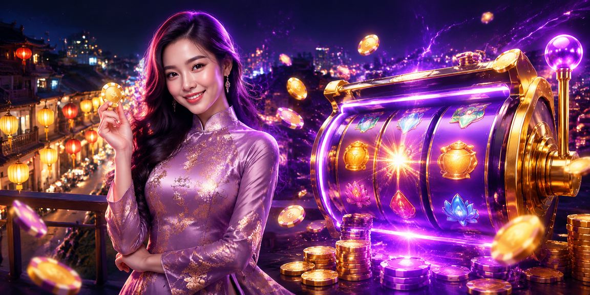 Người chơi tại Hà Nội mặc áo dài thử vận may với máy slot game trong không gian hiện đại